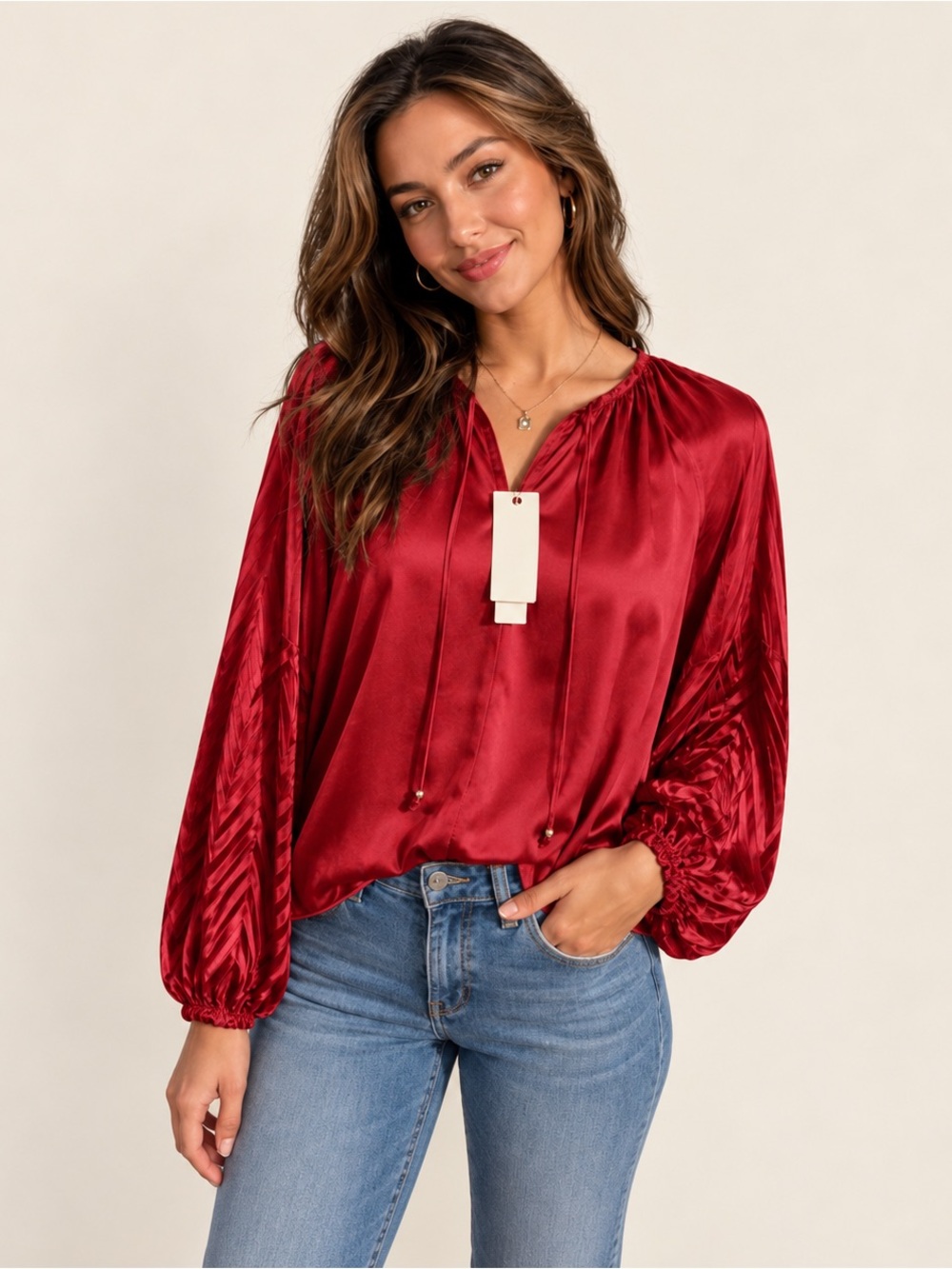 Philosophy Republic Clothing Red Pleated Sleeve Blouse NWT S